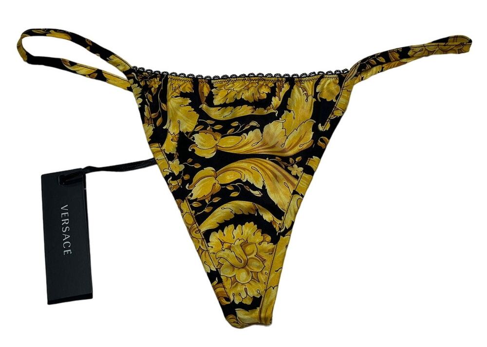VERSACE Silk Barocco String Thong Panties Size 2/Small Black Gold NWT $325